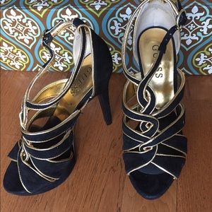 Guess black heels with metallic gold design